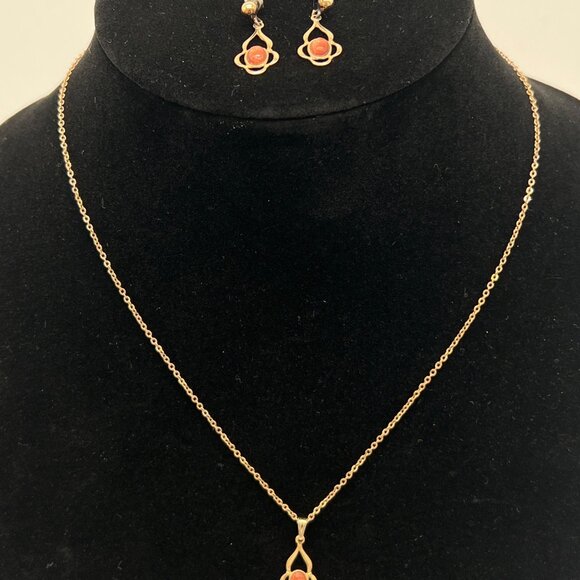 Goldstone Pendant Necklace & Matching Earrings Set 18" Gold Plated With SN Impri - Picture 1 of 8